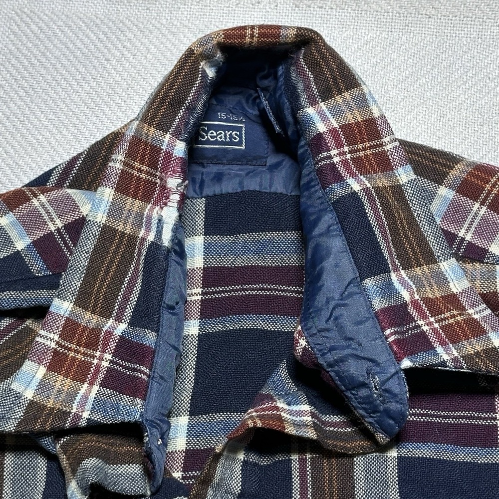 Vintage 70s 80s Sears Flannel Shirt Mens Medium Navy Plaid Acrylic‎ Dual Pocket - Picture 6 of 13